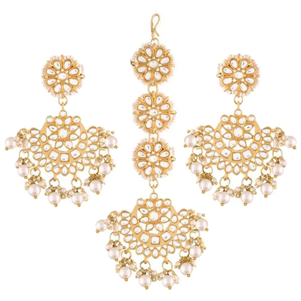 I Jewels Gold Plated Kundan & Faux Pearl Chandbali Earrings with Maang Tikka Set (White) | Traditional Indian Bridal Jewelry - main product image