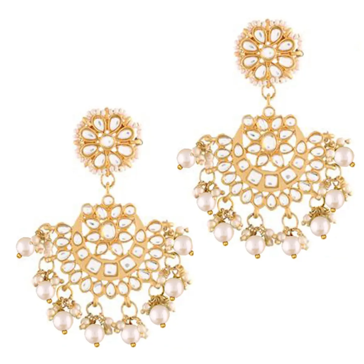 I Jewels Gold Plated Kundan & Faux Pearl Chandbali Earrings with Maang Tikka Set (White) | Traditional Indian Bridal Jewelry - view 5