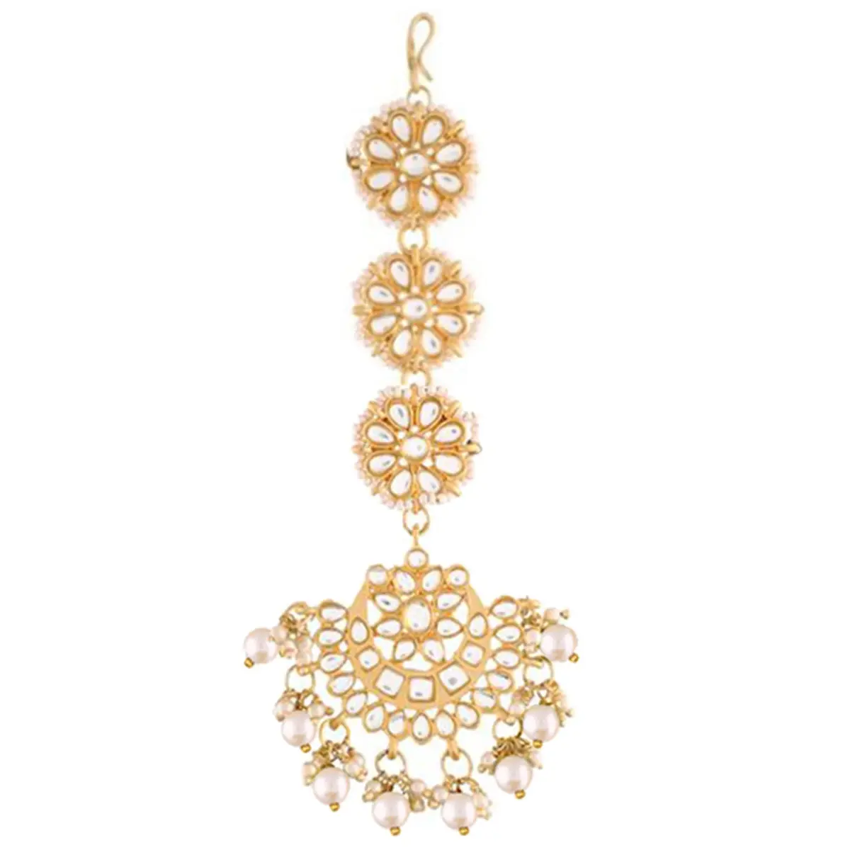 I Jewels Gold Plated Kundan & Faux Pearl Chandbali Earrings with Maang Tikka Set (White) | Traditional Indian Bridal Jewelry - view 6