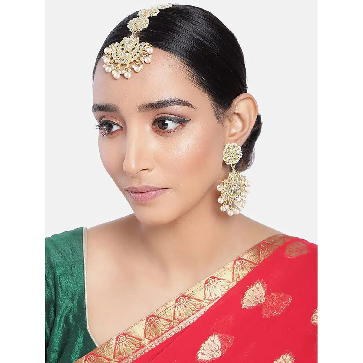 I Jewels Gold Plated Kundan & Faux Pearl Chandbali Earrings with Maang Tikka Set (White) | Traditional Indian Bridal Jewelry - view 3