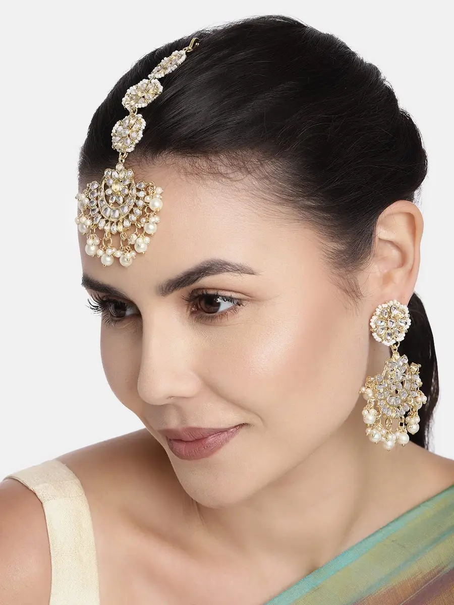 I Jewels Gold Plated Kundan & Faux Pearl Chandbali Earrings with Maang Tikka Set (White) | Traditional Indian Bridal Jewelry - view 4