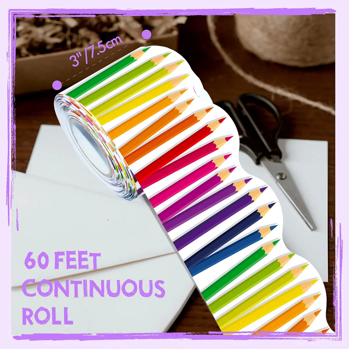 ERKE 60 Feet Bulletin Board Borders, Scalloped Rolled Border Trim with Pencil Patterns, 18.28 m (60 ft) | Classroom & Office Decor - view 2