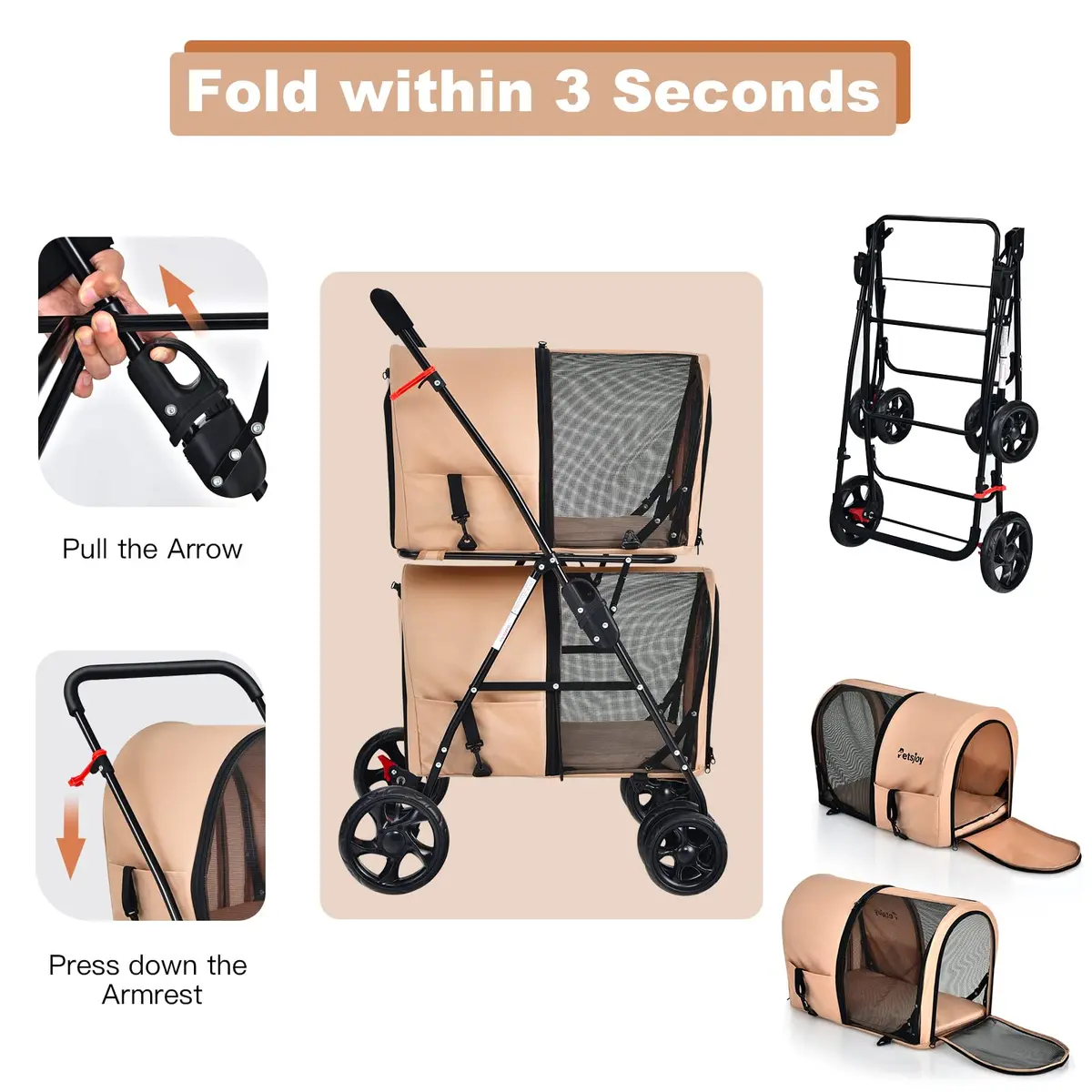PETSITE Double Dog Stroller Foldable Pet Stroller for 2 Dogs & Cats | Small Medium Sized with Detachable Carrier, Car Seat Compatible - view 5