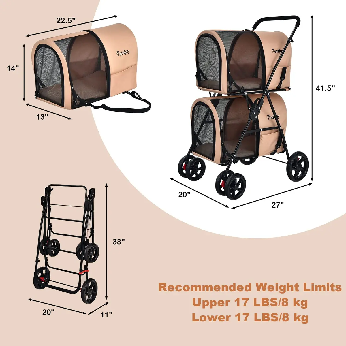 PETSITE Double Dog Stroller Foldable Pet Stroller for 2 Dogs & Cats | Small Medium Sized with Detachable Carrier, Car Seat Compatible - view 6
