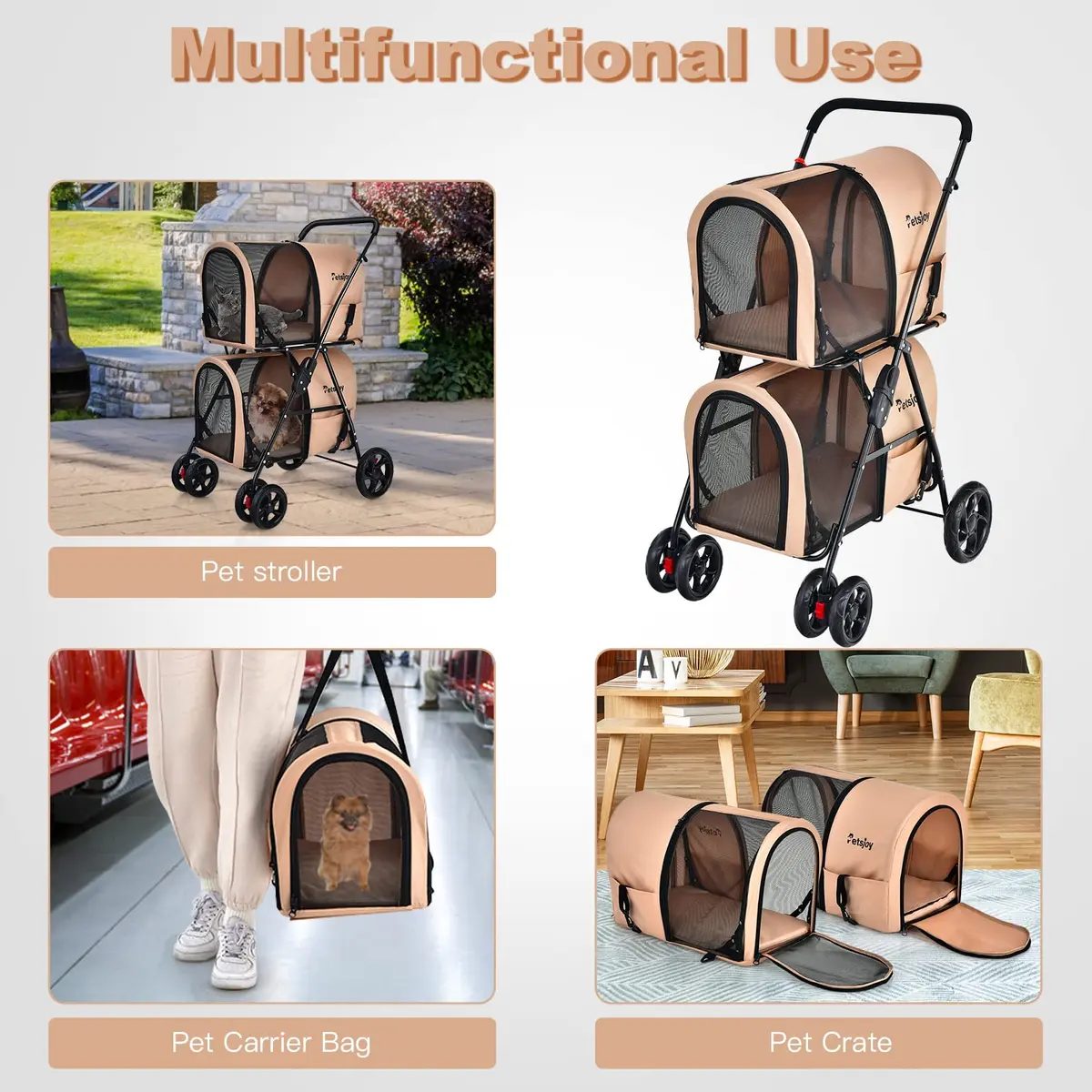 PETSITE Double Dog Stroller Foldable Pet Stroller for 2 Dogs & Cats | Small Medium Sized with Detachable Carrier, Car Seat Compatible - view 4