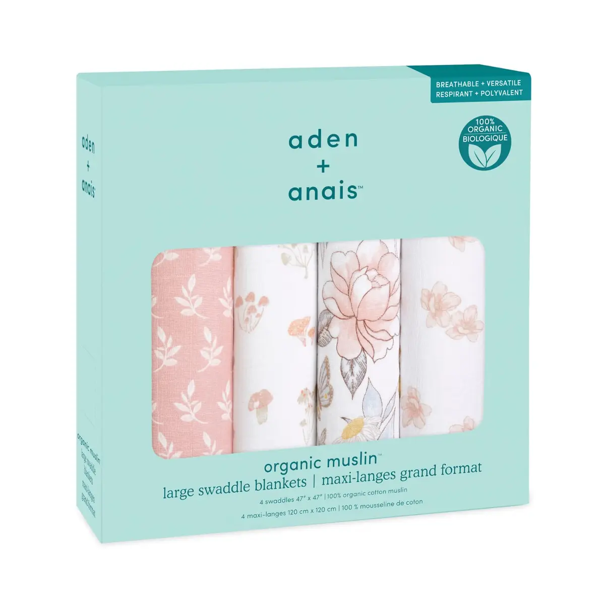 aden + anais Organic Cotton Muslin Swaddle Blankets 4 Pack (120x120 cm) | Breathable & Gentle for Newborns - view 5