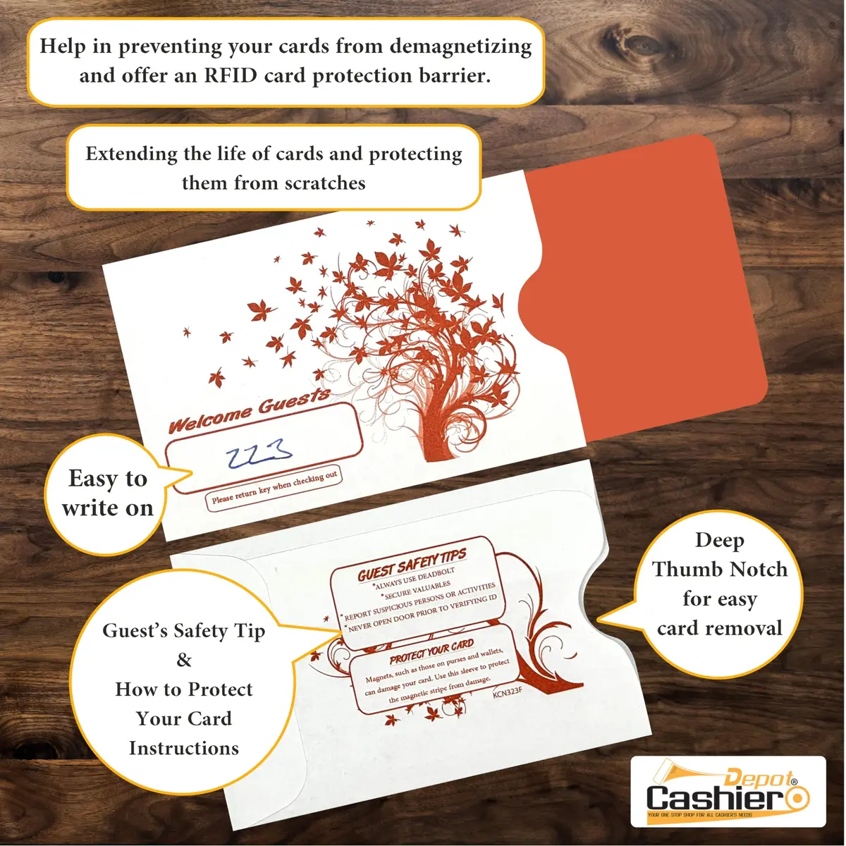 Cashier Depot Hotel Key Card Sleeves 2 3/8" x 3 1/2" | Welcome Guest in Orange, 500 Pack - view 3