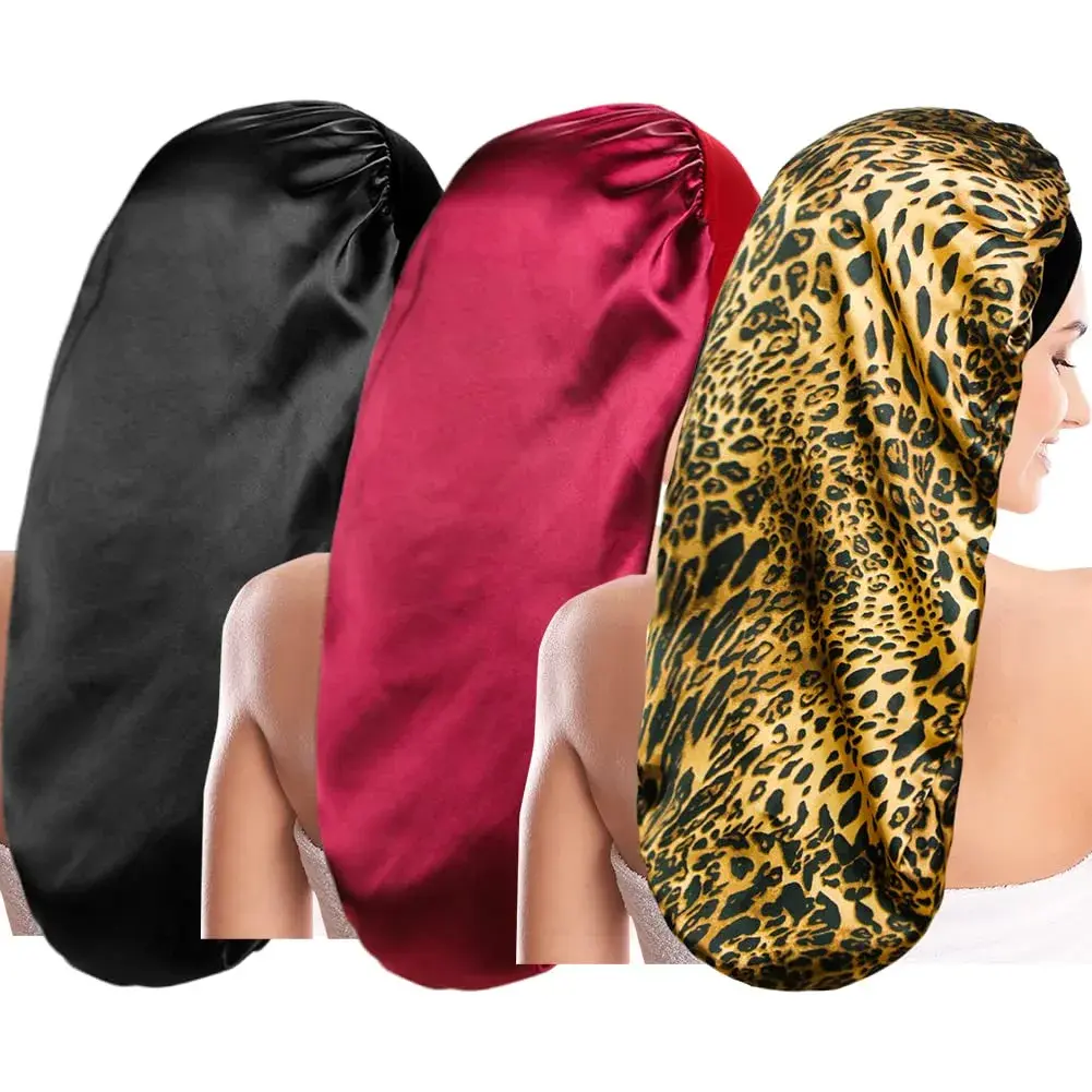 Oumrote Long Satin Sleep Bonnet for Hair Care, Women's Curly Hair, 26 inches (3-Pack) - main product image