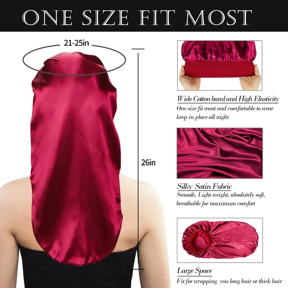 Oumrote Long Satin Sleep Bonnet for Hair Care, Women's Curly Hair, 26 inches (3-Pack) - view 2