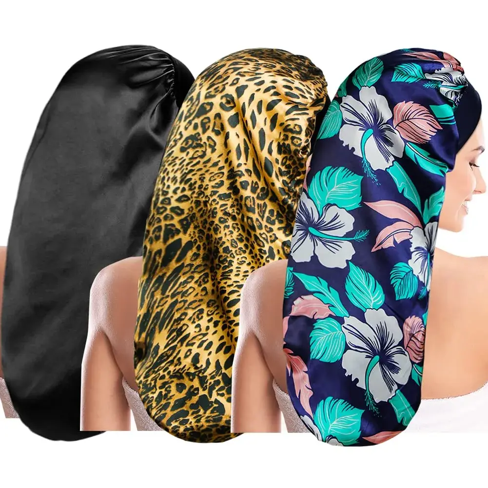 Oumrote Long Satin Sleep Bonnet for Hair Care, Women's Curly Hair, 26 inches (Pack of 3) - main product image