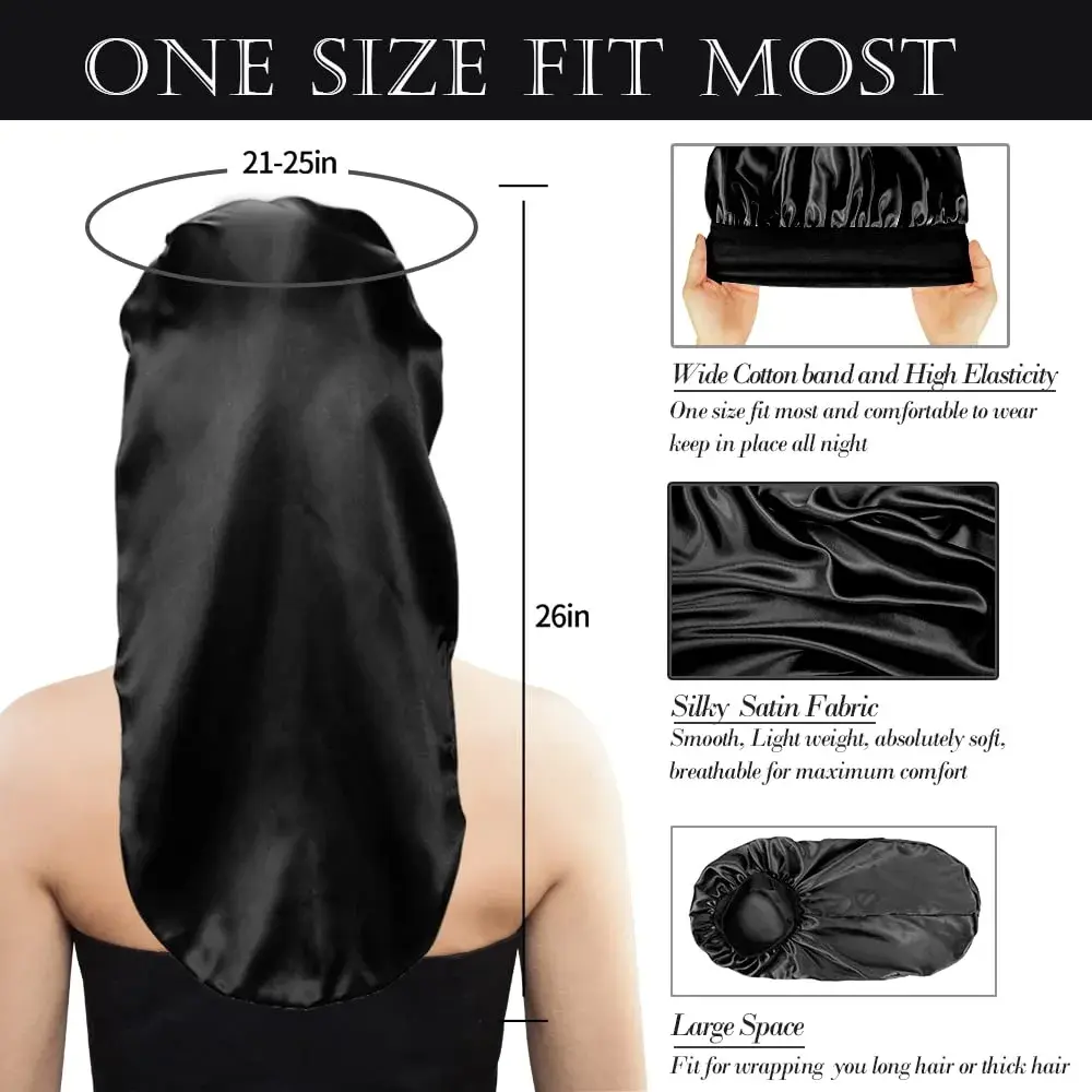 Oumrote Long Satin Sleep Bonnet for Hair Care, Women's Curly Hair, 26 inches (Pack of 3) - view 2