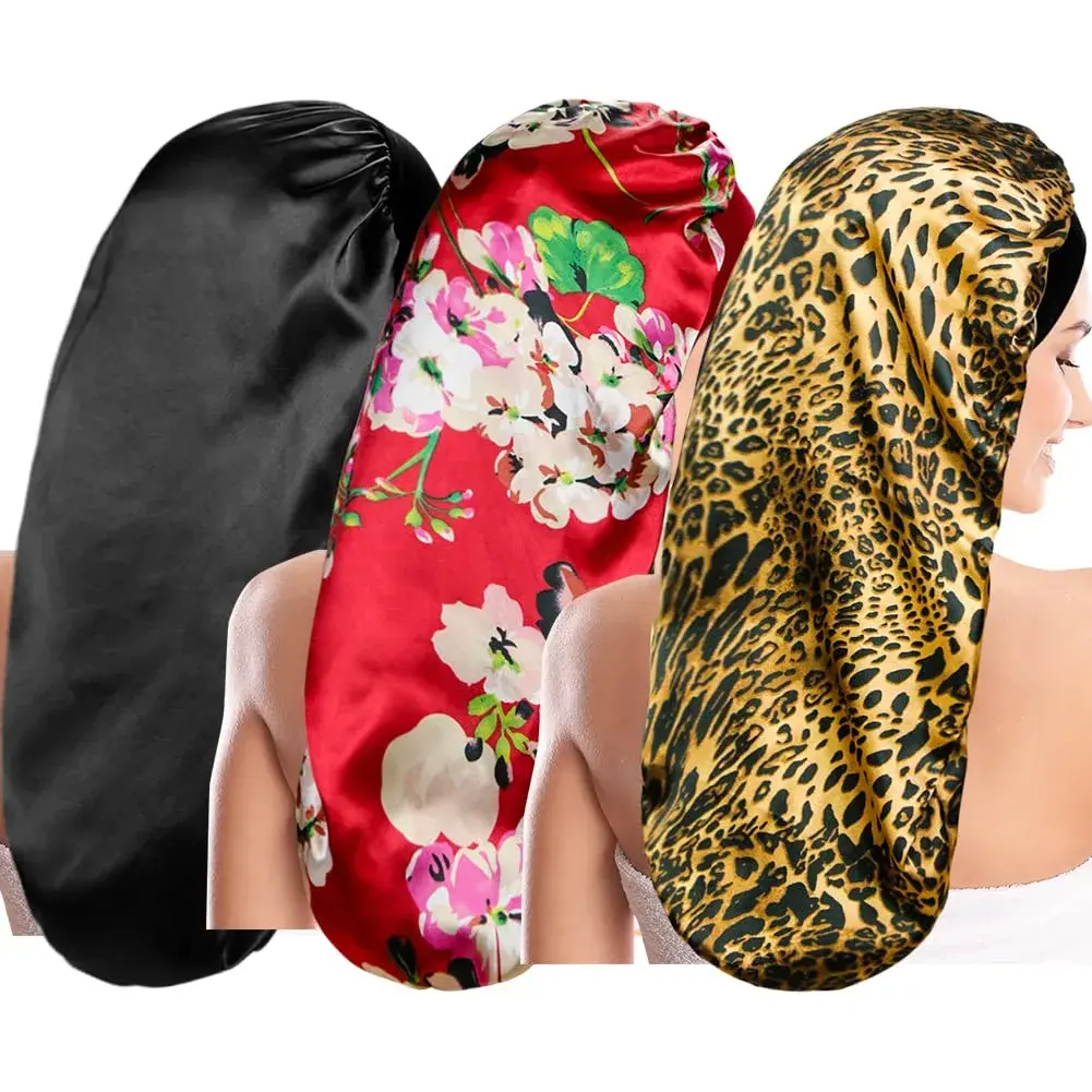 Oumrote Long Satin Sleep Bonnet for Hair Care, Women's Curly Hair, 26 inches (3-Pack) - main product image