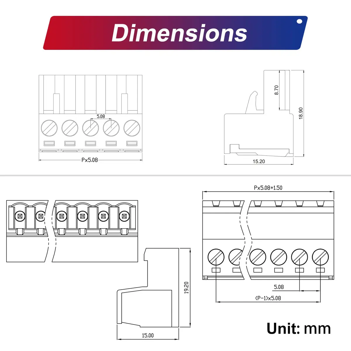 Keszoox 5 Sets 5.08mm Pitch 2-Pin Male & Female PCB Screw Terminal Blocks | No Soldering Required - view 5