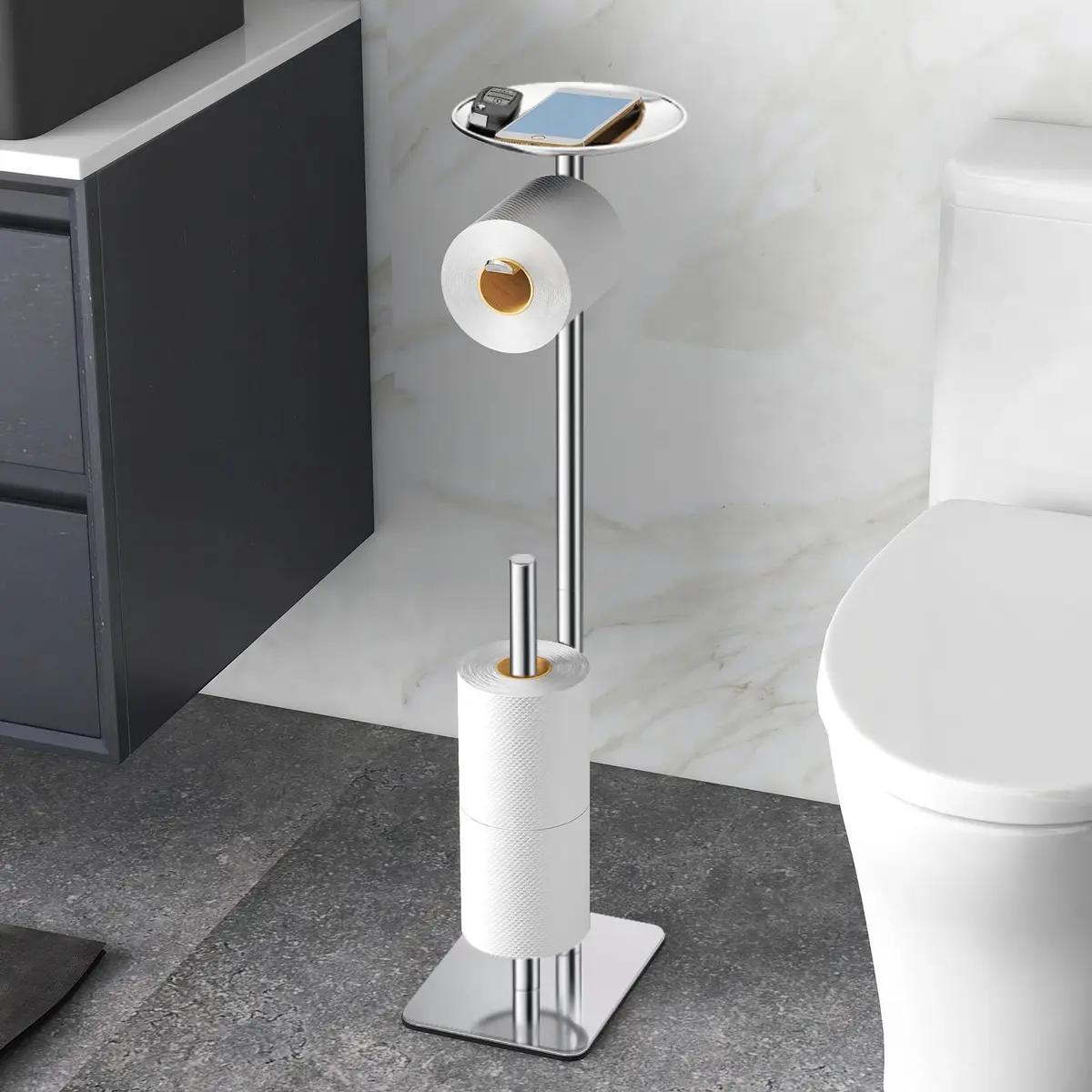 FEILERN Toilet Paper Holder Stand for Bathroom Floor 4 Rolls Storage Shelf Chrome | Rust-Resistant & Easy Assembly - main product image