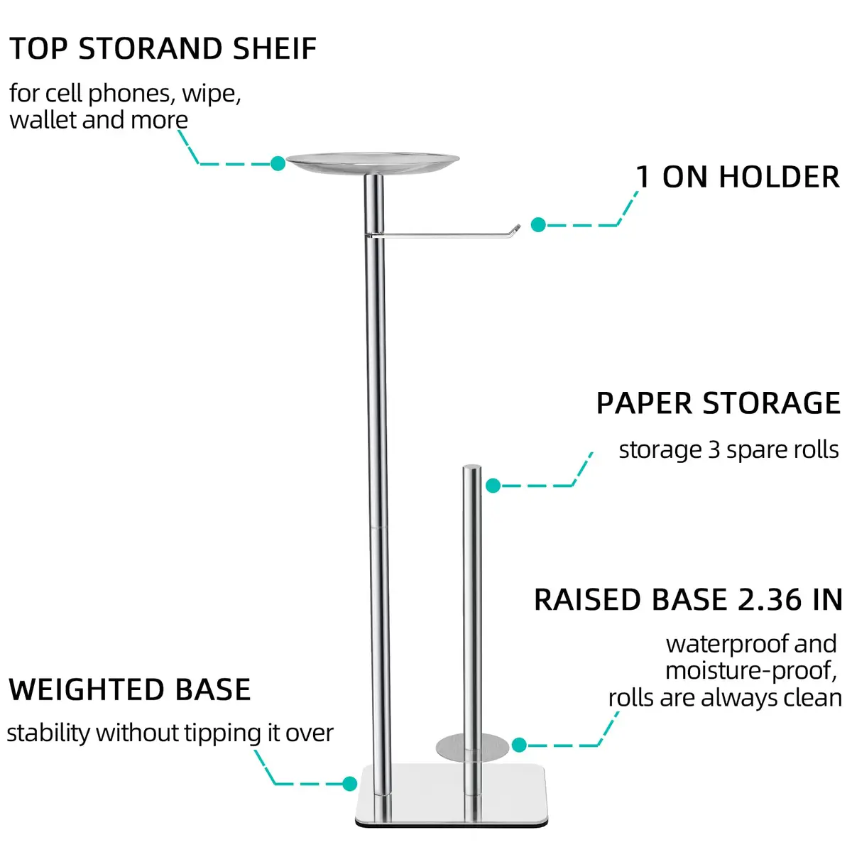 FEILERN Toilet Paper Holder Stand for Bathroom Floor 4 Rolls Storage Shelf Chrome | Rust-Resistant & Easy Assembly - view 2