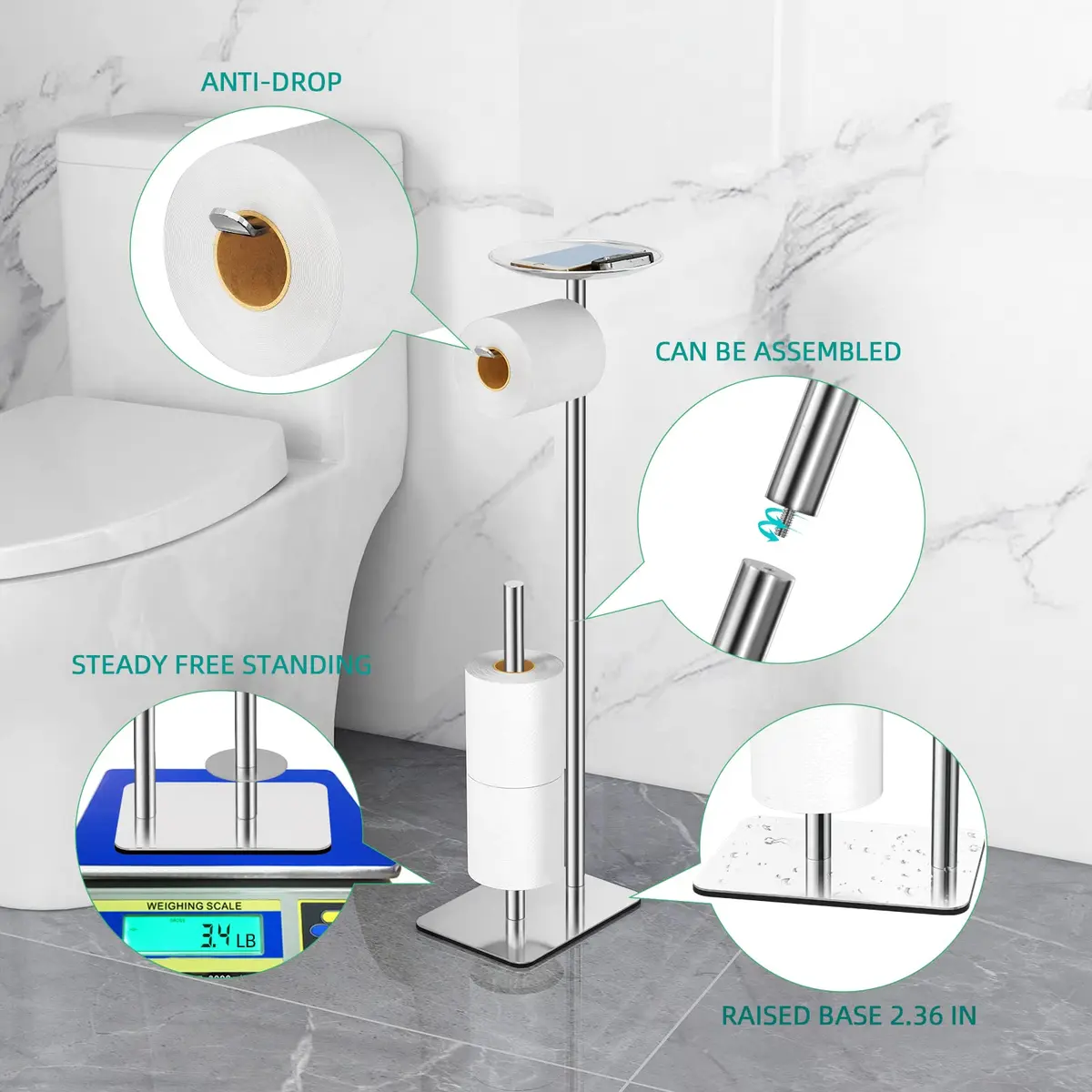 FEILERN Toilet Paper Holder Stand for Bathroom Floor 4 Rolls Storage Shelf Chrome | Rust-Resistant & Easy Assembly - view 3