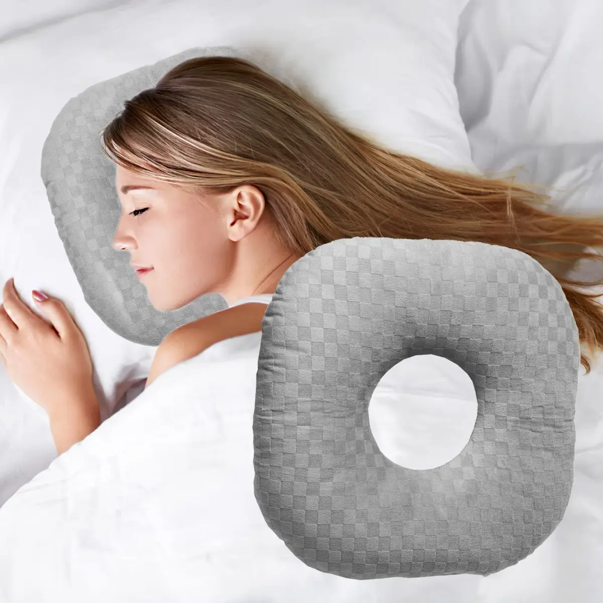 Wuronsa Ear Piercing Pillow with Hole for Cartilage Piercings, CNH Support | Adjustable Cotton Pillow for Side Sleepers - main product image