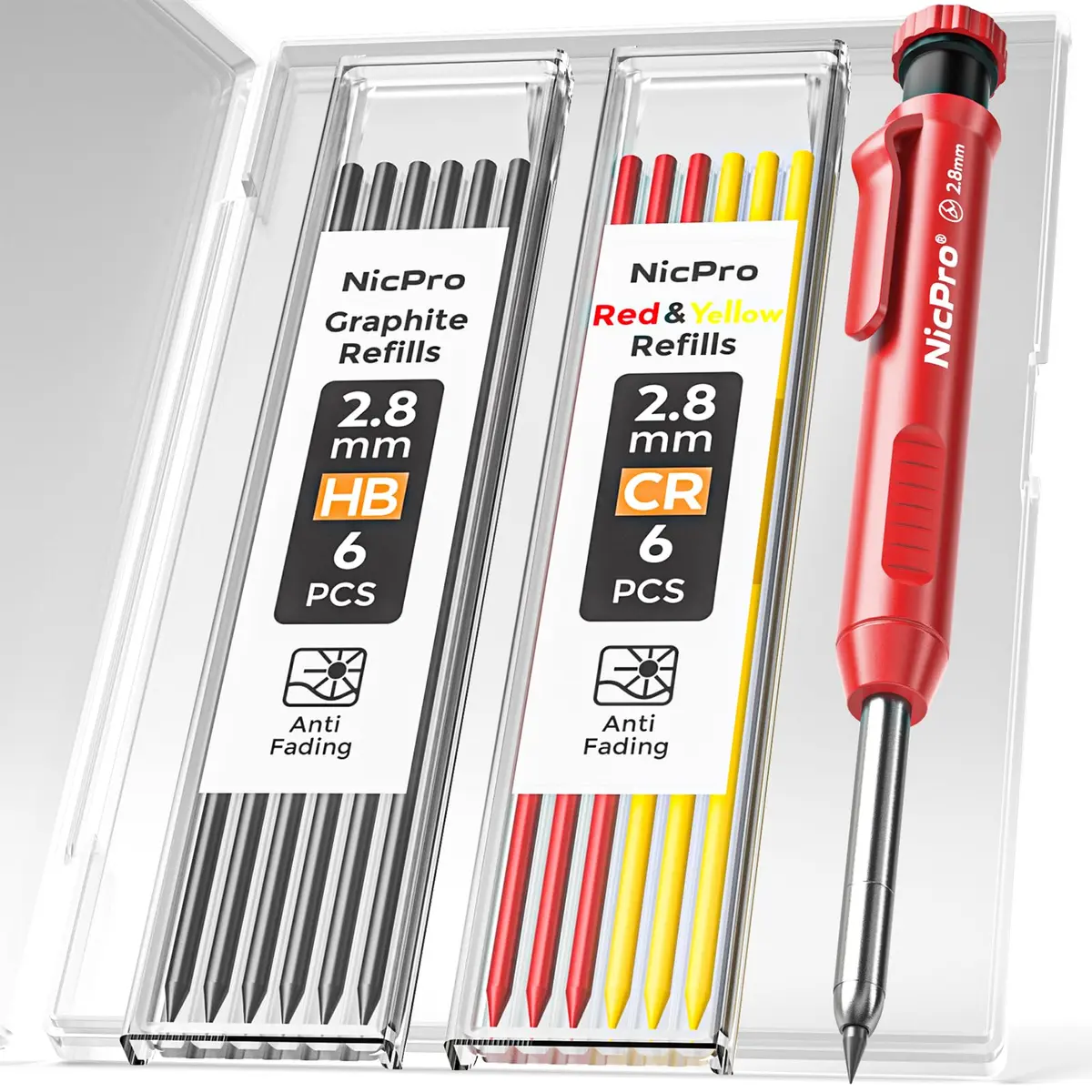 Nicpro Carpenter Pencil with Sharpener & 13 Refills | 2.8mm Construction Pencil for Woodworking, Metal, Plastic, Paper - main product image