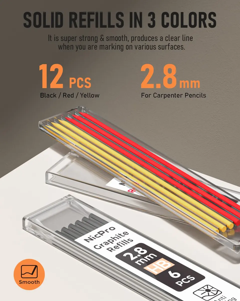 Nicpro Carpenter Pencil with Sharpener & 13 Refills | 2.8mm Construction Pencil for Woodworking, Metal, Plastic, Paper - view 5