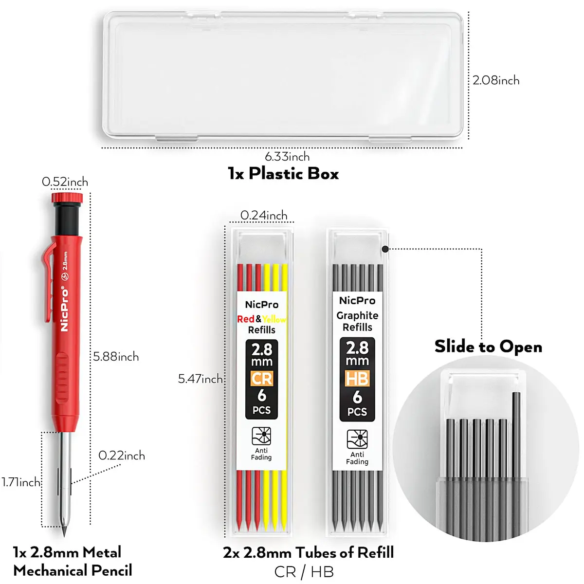 Nicpro Carpenter Pencil with Sharpener & 13 Refills | 2.8mm Construction Pencil for Woodworking, Metal, Plastic, Paper - view 7