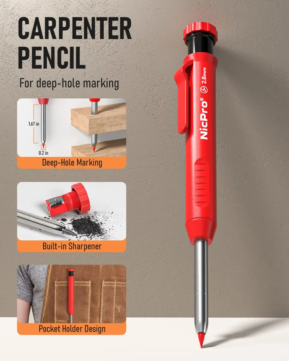 Nicpro Carpenter Pencil with Sharpener & 13 Refills | 2.8mm Construction Pencil for Woodworking, Metal, Plastic, Paper - view 2