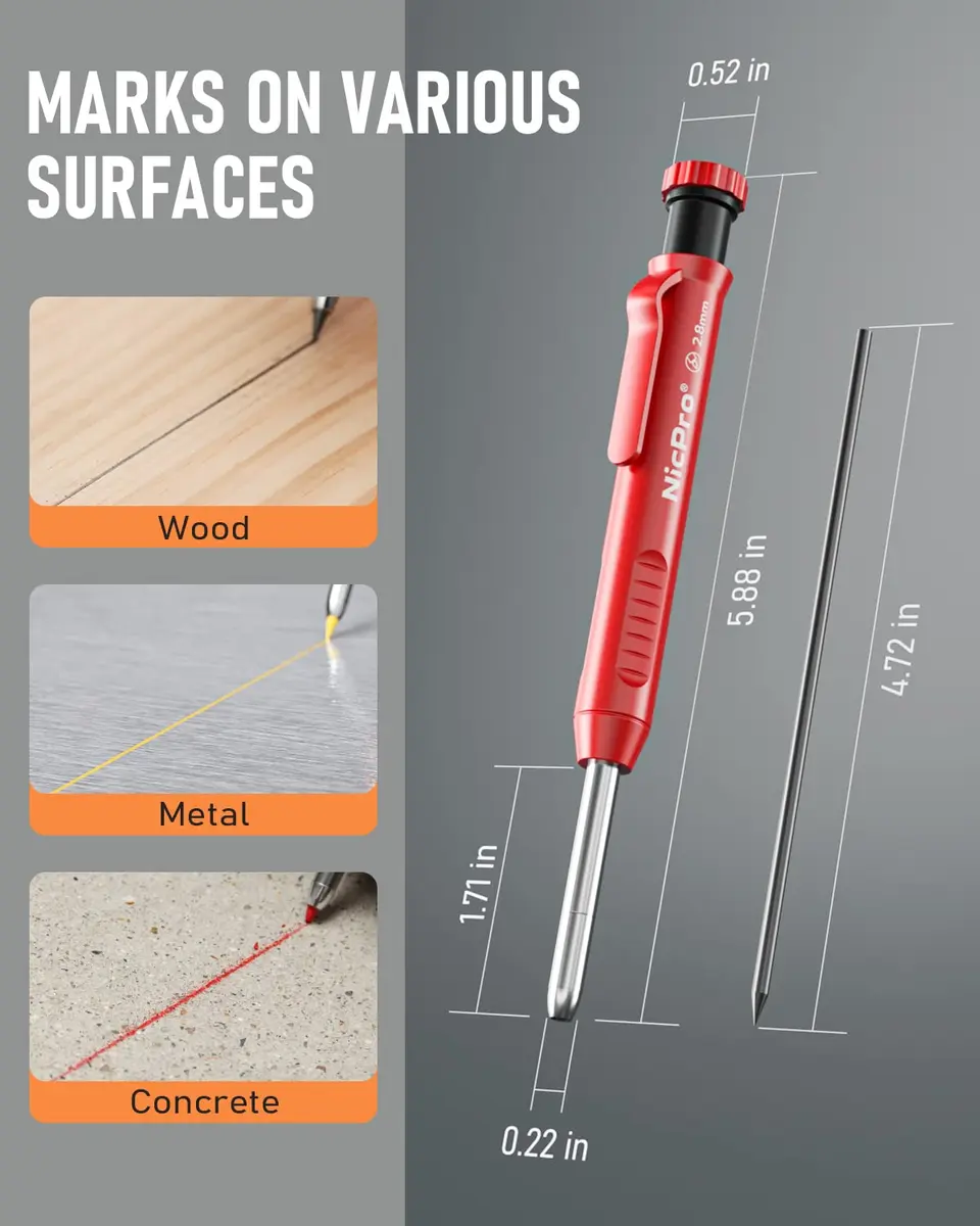 Nicpro Carpenter Pencil with Sharpener & 13 Refills | 2.8mm Construction Pencil for Woodworking, Metal, Plastic, Paper - view 4