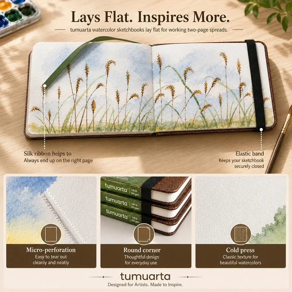 tumuarta Cotton Watercolor Paper Journal 3.5x5.5” | 300 GSM, Cold Press, 24 Sheets - view 3