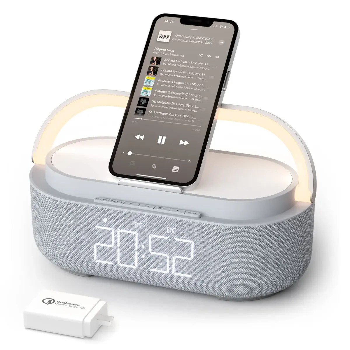 COLSUR 6-in-1 Bluetooth Speaker Alarm Clock & Wireless Charger, Gray | Bedside, Home, Office - main product image