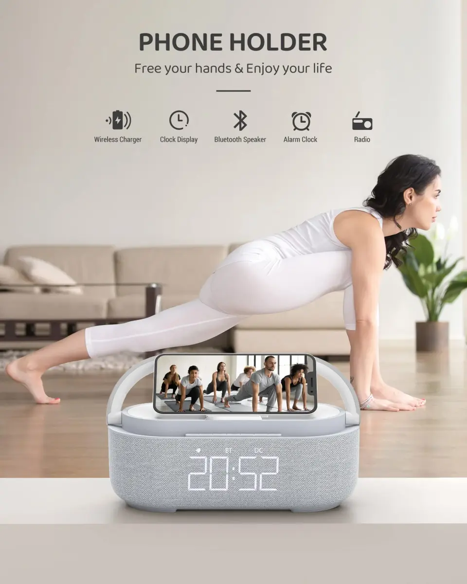 COLSUR 6-in-1 Bluetooth Speaker Alarm Clock & Wireless Charger, Gray | Bedside, Home, Office - view 5