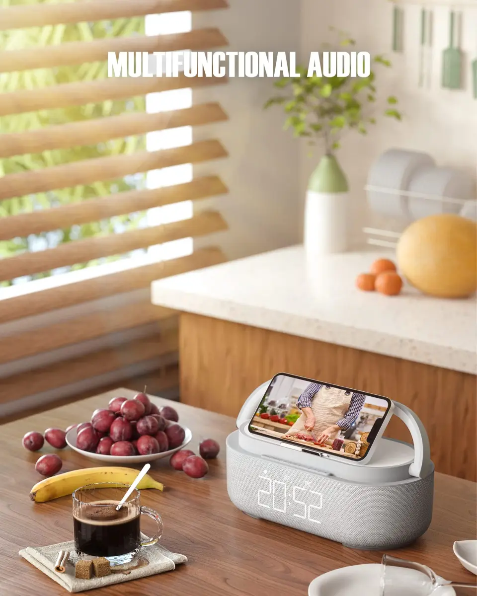 COLSUR 6-in-1 Bluetooth Speaker Alarm Clock & Wireless Charger, Gray | Bedside, Home, Office - view 7