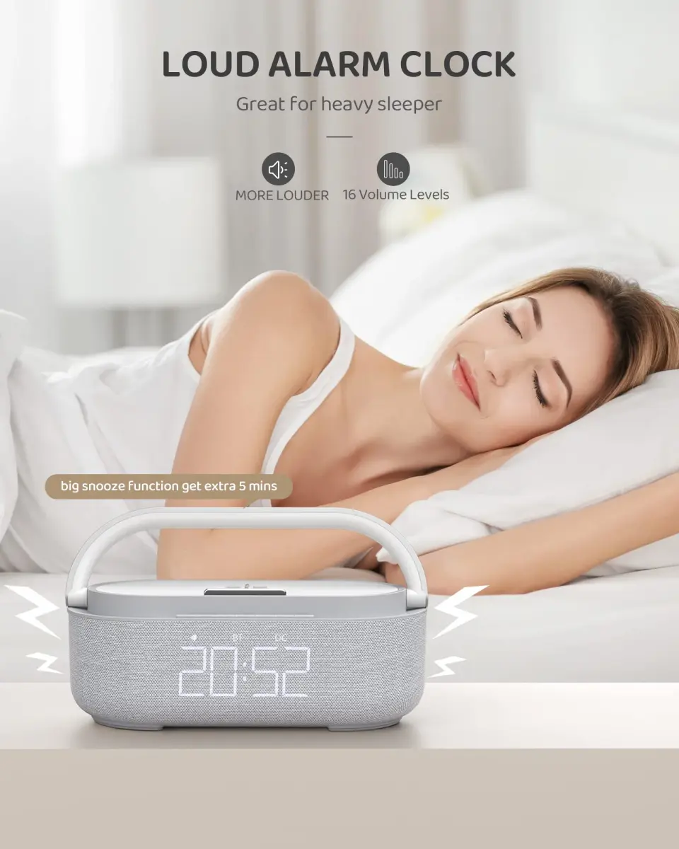 COLSUR 6-in-1 Bluetooth Speaker Alarm Clock & Wireless Charger, Gray | Bedside, Home, Office - view 2