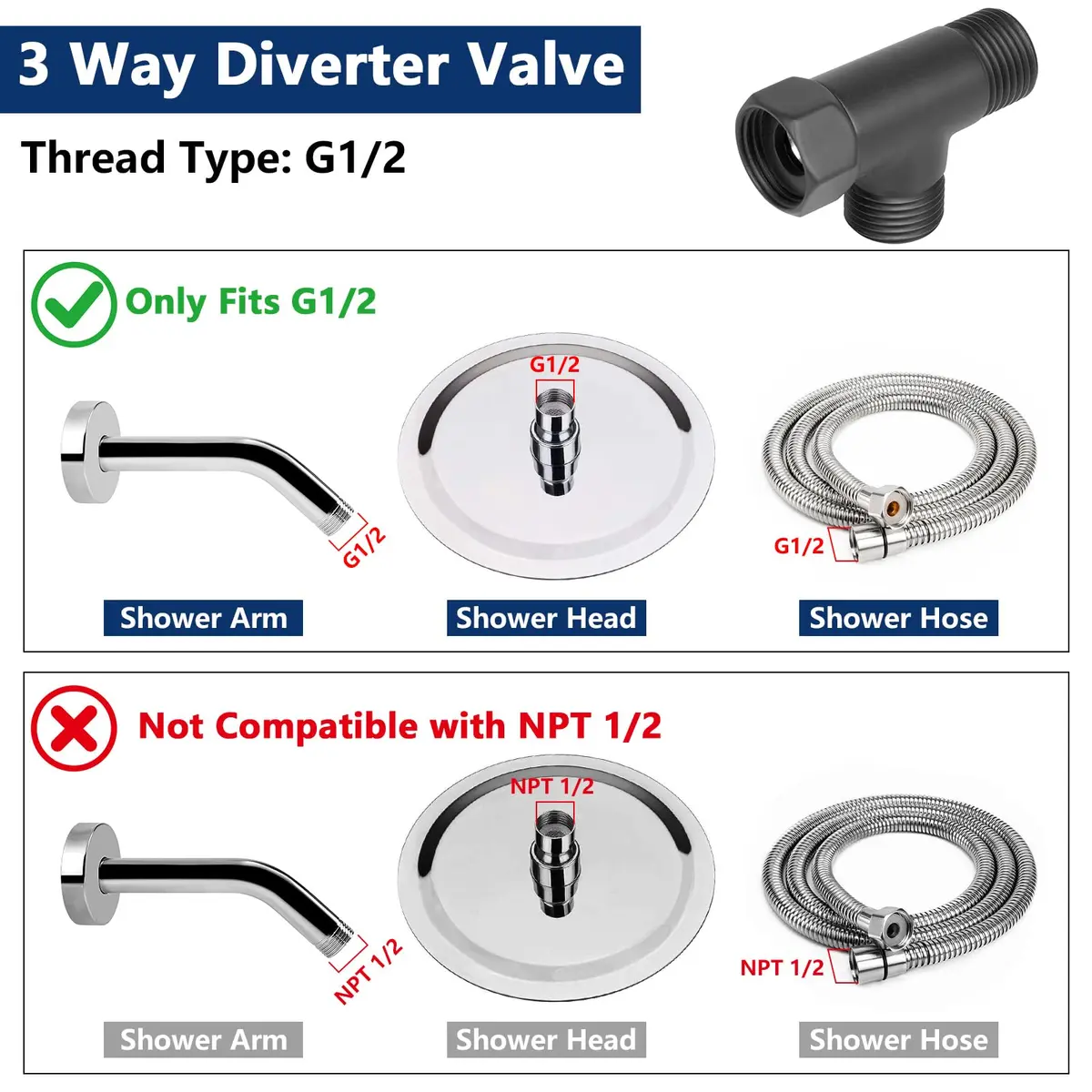 NearMoon Solid Brass 3-Way Shower Diverter Valve G1/2" (1.27cm) Matte Black | Connects Showerhead, Hand Shower, Bidet Sprayer - view 6
