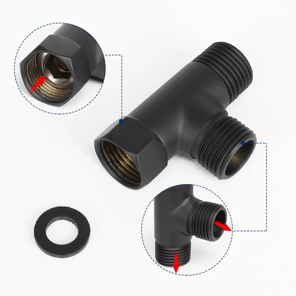 NearMoon Solid Brass 3-Way Shower Diverter Valve G1/2" (1.27cm) Matte Black | Connects Showerhead, Hand Shower, Bidet Sprayer - view 7