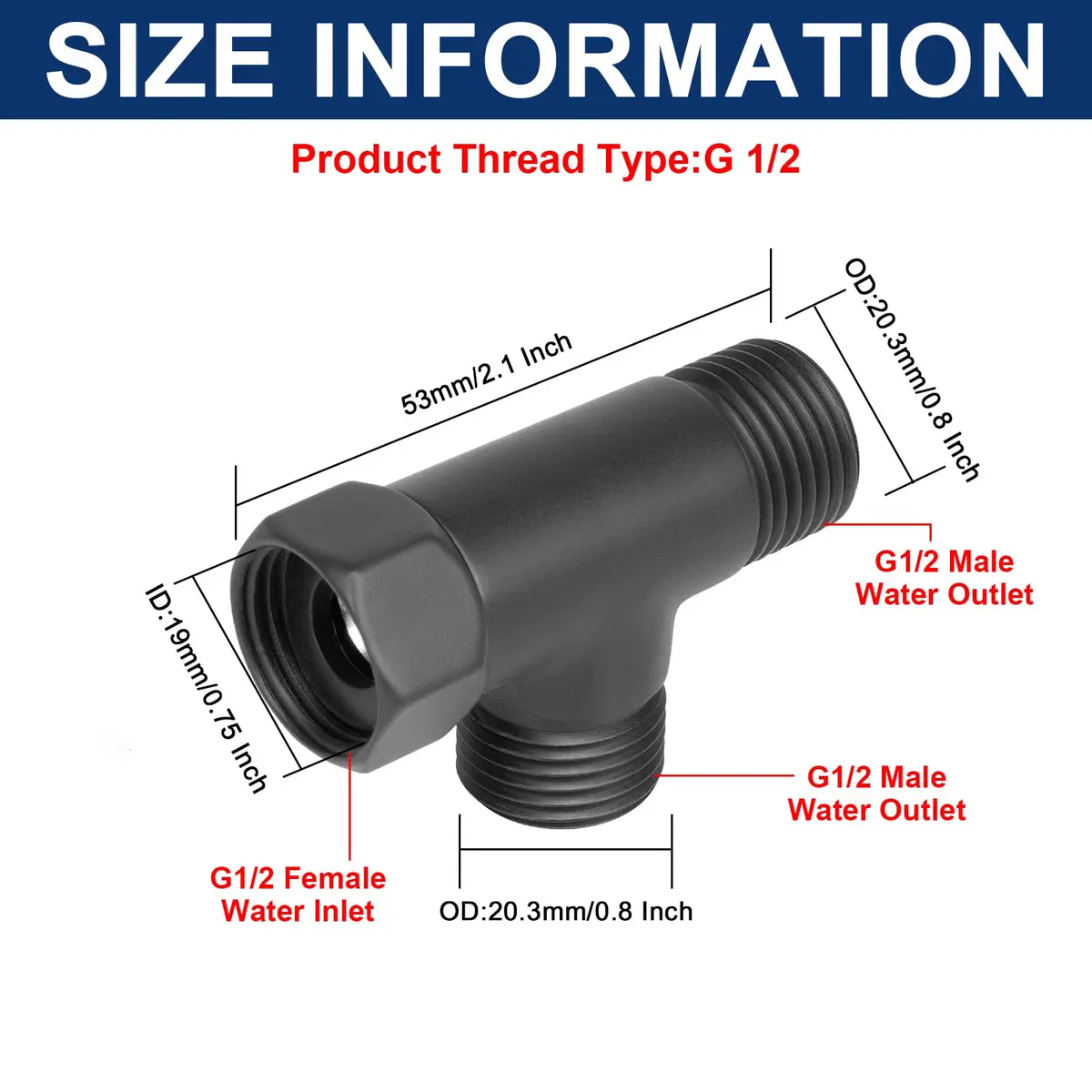 NearMoon Solid Brass 3-Way Shower Diverter Valve G1/2" (1.27cm) Matte Black | Connects Showerhead, Hand Shower, Bidet Sprayer - view 2