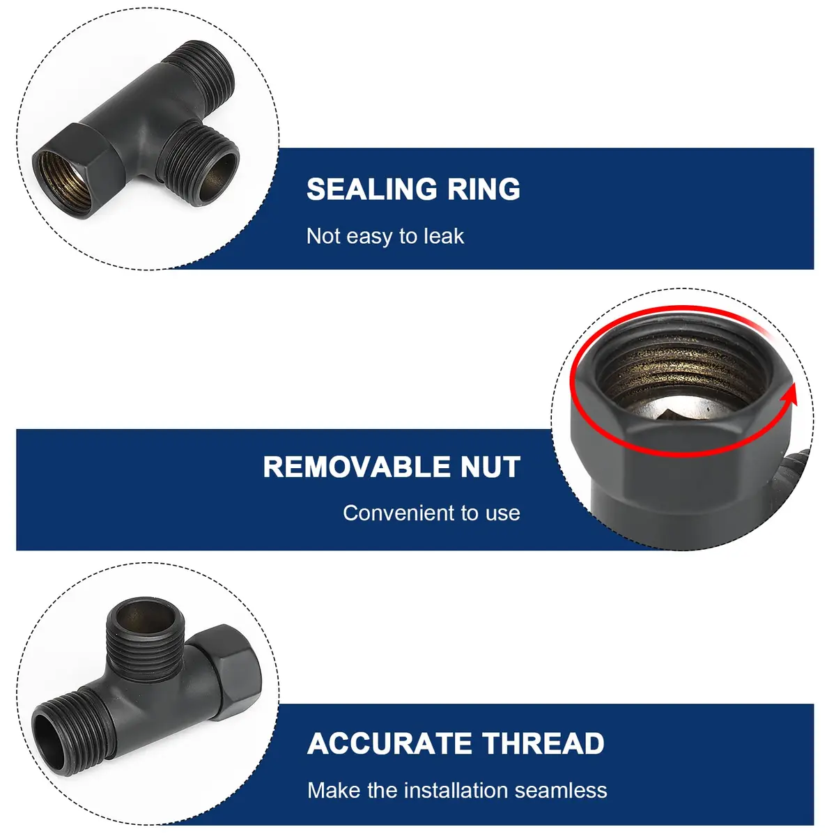 NearMoon Solid Brass 3-Way Shower Diverter Valve G1/2" (1.27cm) Matte Black | Connects Showerhead, Hand Shower, Bidet Sprayer - view 4