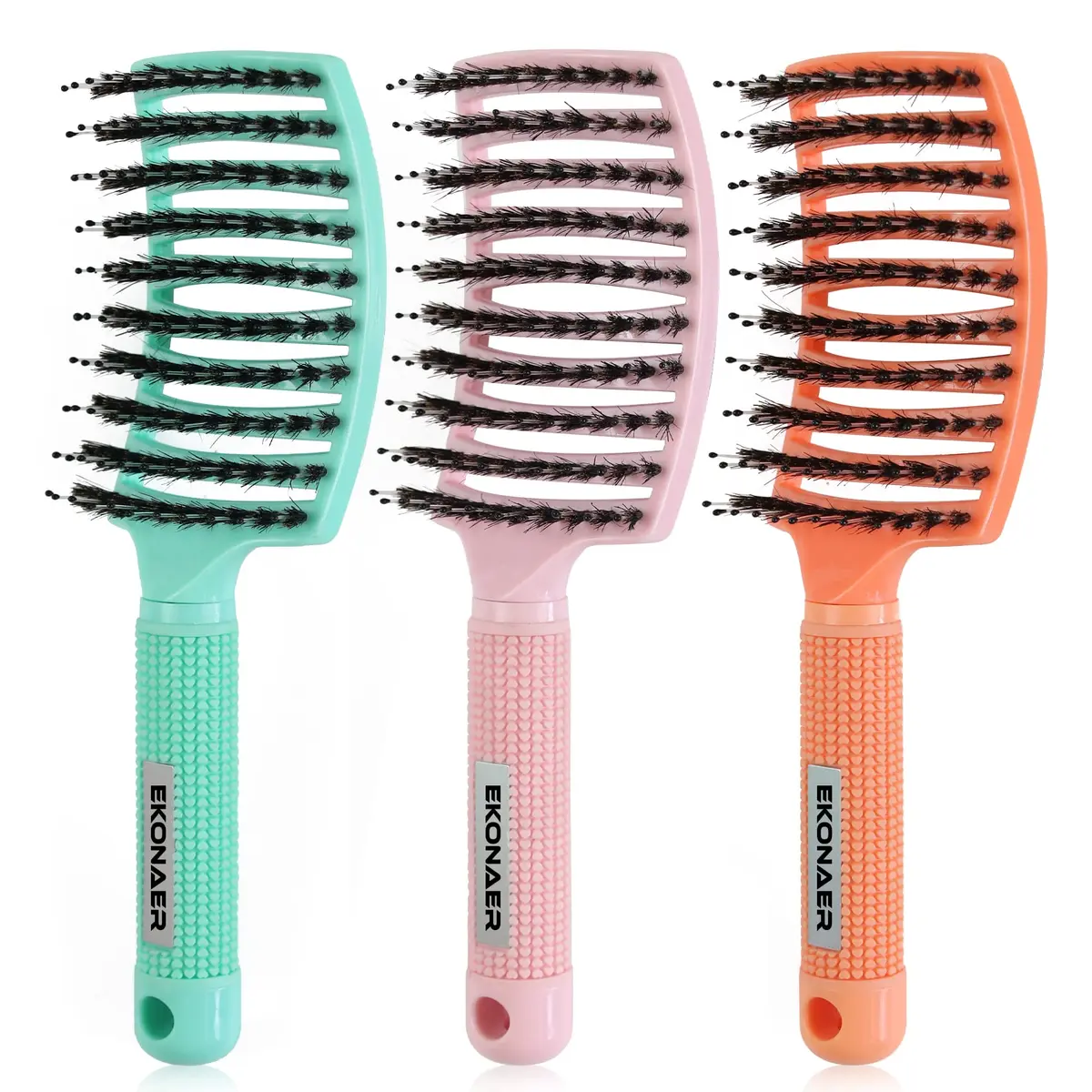 EKONAER 3 Pack Vented Quick Drying Massage Blow Detangler Brush, Boar Bristle Hair Brush Set - Curved, Detangling, All Hair Types (Green) | Supports Healthy Hair - main product image