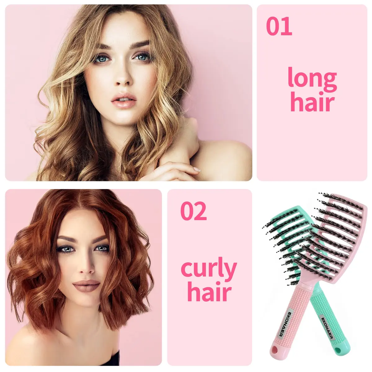 EKONAER 3 Pack Vented Quick Drying Massage Blow Detangler Brush, Boar Bristle Hair Brush Set - Curved, Detangling, All Hair Types (Green) | Supports Healthy Hair - view 2
