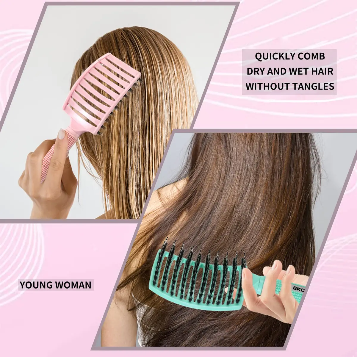 EKONAER 3 Pack Vented Quick Drying Massage Blow Detangler Brush, Boar Bristle Hair Brush Set - Curved, Detangling, All Hair Types (Green) | Supports Healthy Hair - view 3