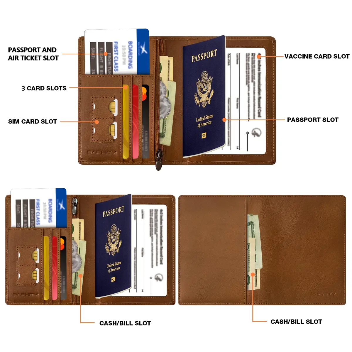 BAPHITY Unisex Leather RFID Blocking Passport Organizer Wallet | Red Brown - view 2