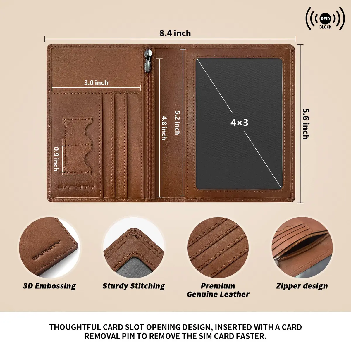 BAPHITY Unisex Leather RFID Blocking Passport Organizer Wallet | Red Brown - view 3