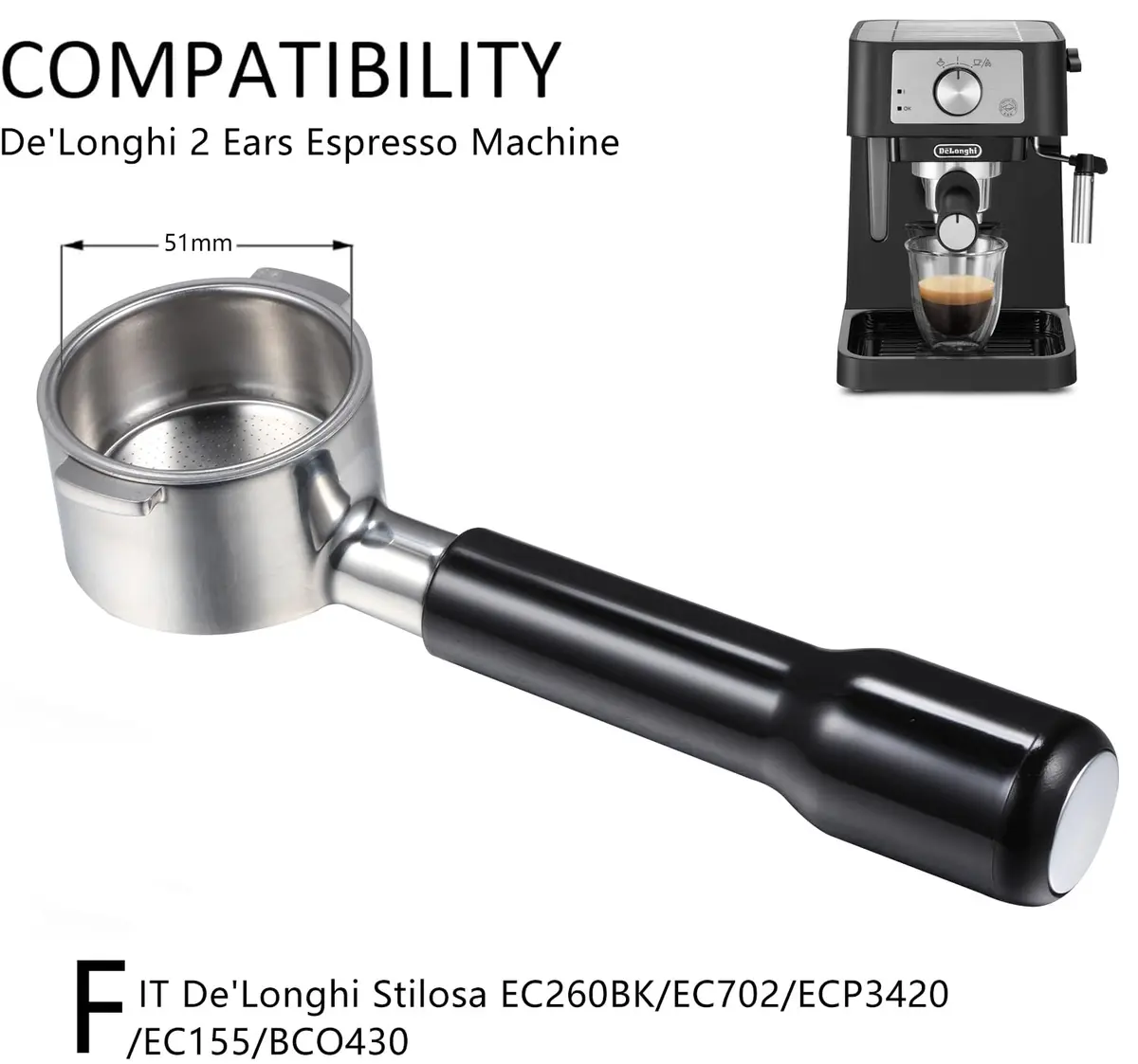 CAPFEI 51mm Bottomless Portafilter 2 Ears for Delonghi ECP3420/BCO430/EC260 | Coffee Filter Accessory - view 10
