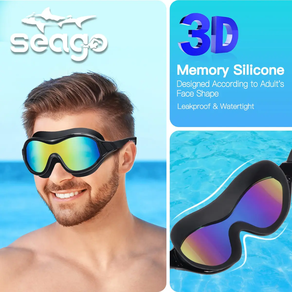Seago Anti-Fog UV Protection Swim Goggles for Adults & Youth | Mirrored Aqua (1 Pair) - view 3