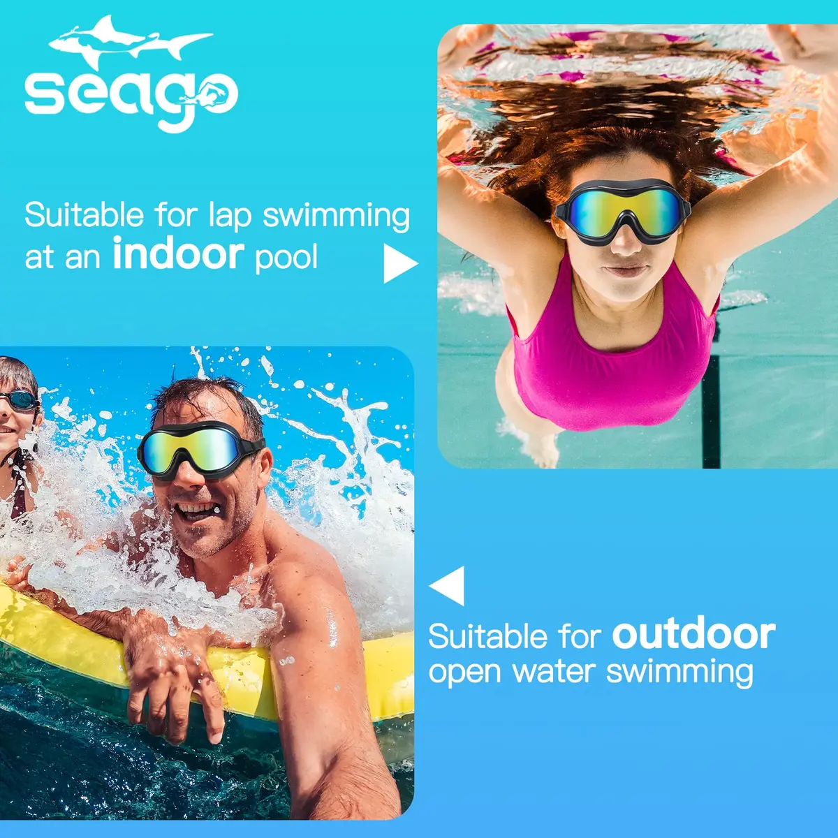 Seago Anti-Fog UV Protection Swim Goggles for Adults & Youth | Mirrored Aqua (1 Pair) - view 4