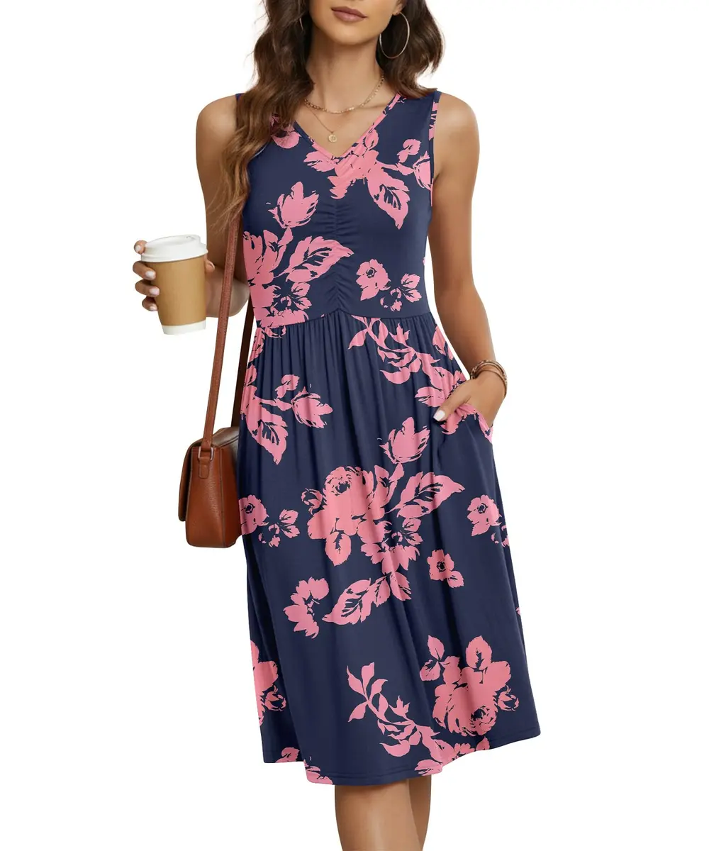 NILOUFO Sleeveless Dress for Women Summer Knee Length Sundress with Pockets | Flowy Casual Style in Rayon (95%) + Spandex (5%) - main product image