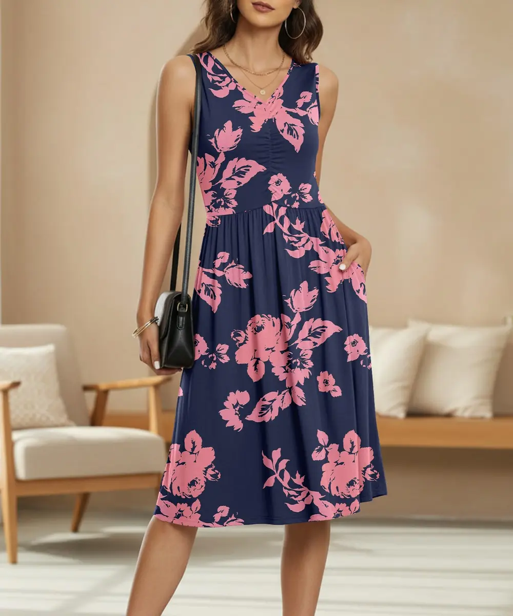 NILOUFO Sleeveless Dress for Women Summer Knee Length Sundress with Pockets | Flowy Casual Style in Rayon (95%) + Spandex (5%) - view 3