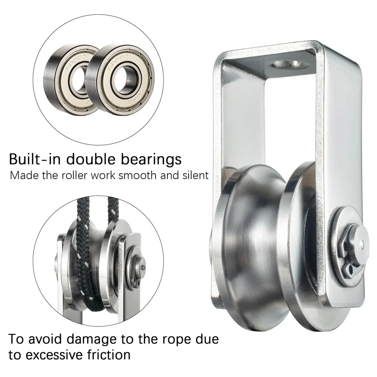 SHINICO Stainless Steel Cable Pulley Wheel with 2 Bearings, 10mm Rope Capacity | Smooth & Silent Operation - view 4