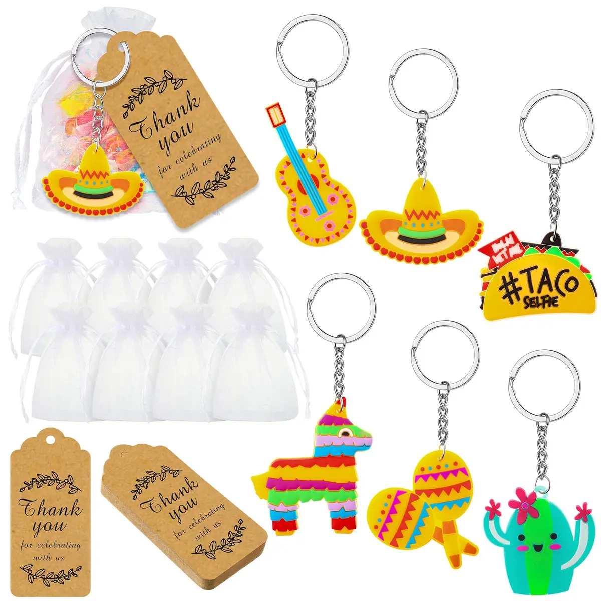 Sureio Mexican Fiesta Party Favors with Thank You Gift Tag - 54 Pcs (18 Keychains, 18 Bags, 18 Tags) - main product image