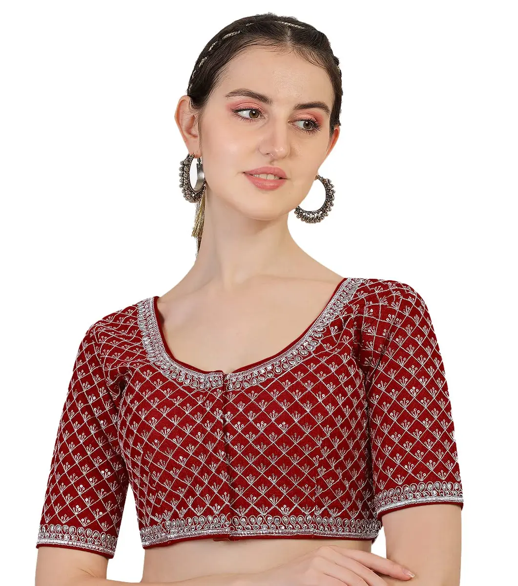 Pujia Mills Women's Ready Made Blouse Burgundy 38 (96.5cm) | Heavy Silver Jari Thread Work - main product image