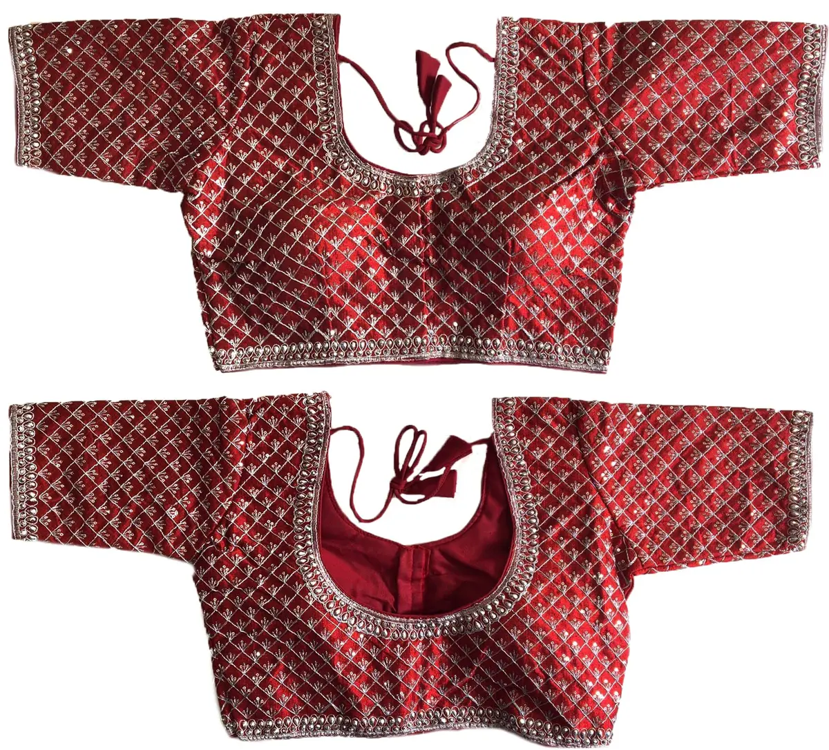 Pujia Mills Women's Ready Made Blouse Burgundy 38 (96.5cm) | Heavy Silver Jari Thread Work - view 5
