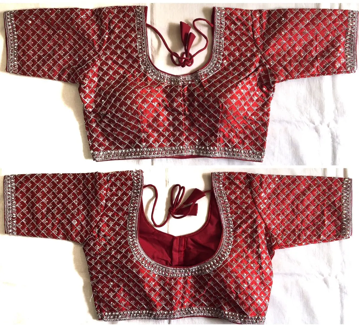 Pujia Mills Women's Ready Made Blouse Burgundy 38 (96.5cm) | Heavy Silver Jari Thread Work - view 6